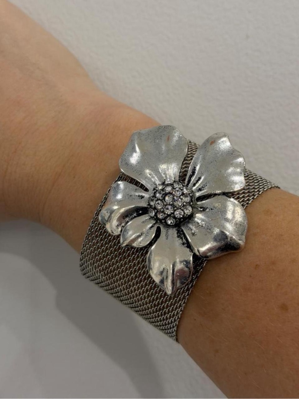 Silver Floral Mesh Cuff Bracelet with Rhinestone Center
